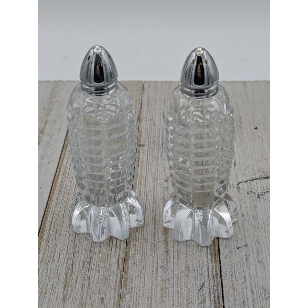 Vintage MCM Rocket Shaped Salt Pepper Shaker Set Pressed Glass Metal Top